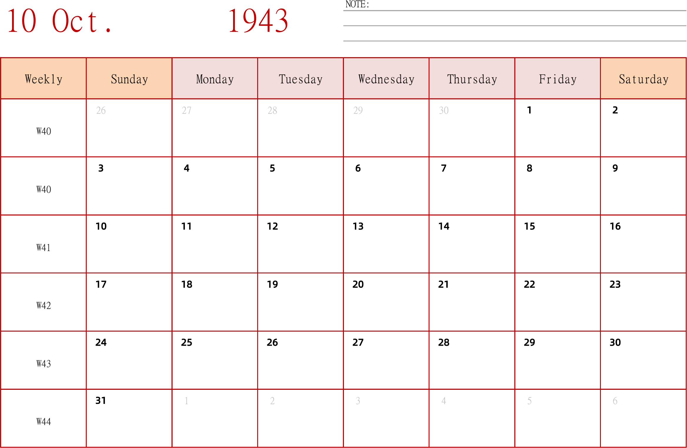 日历表1943年日历 英文版 横向排版 周日开始 带周数